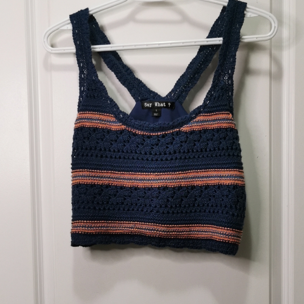 Say‎ What? Navy and Coral Striped Crochet Crop Top